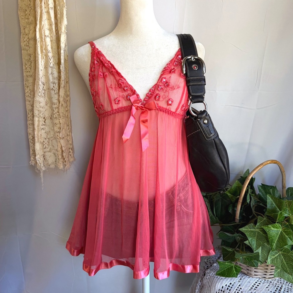 Y2K Fairy Sheer Mesh Floral Sequin Babydoll Chemise Coral Pink Lingerie Size M